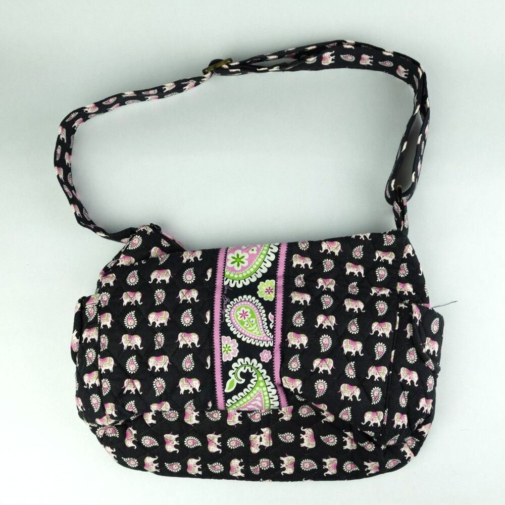 Vintage Vera Bradley "Pink Elephants" Green Paisley Handbag Purse - Retired 2007